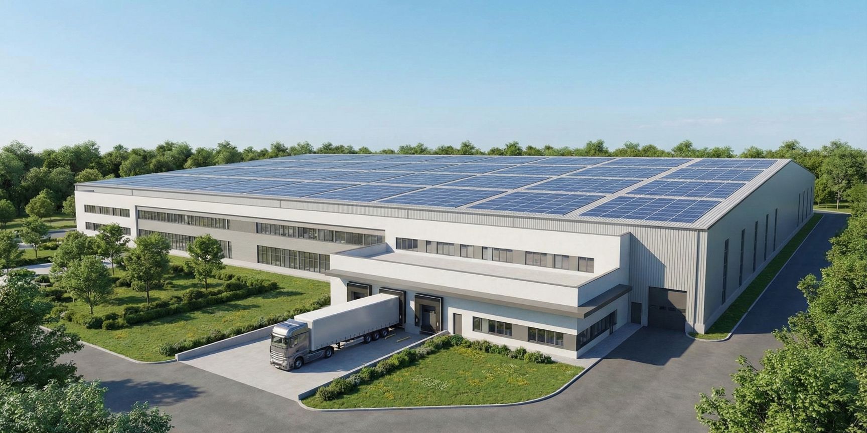 Exterior view of a modern logistics centre with a large-scale photovoltaic system on the roof, surrounded by green areas. A truck leaves a loading dock, symbolizing sustainable contract logistics and environmentally friendly real estate